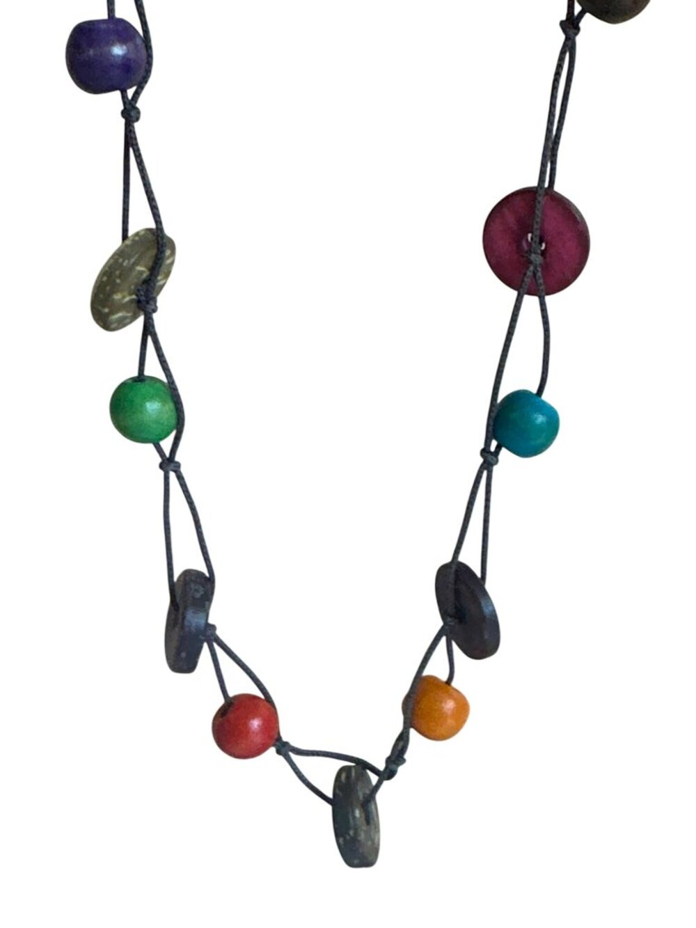 Colorful Coconut Shell Wood Bead Necklace Button Beads Festive Boho Hippie VTG